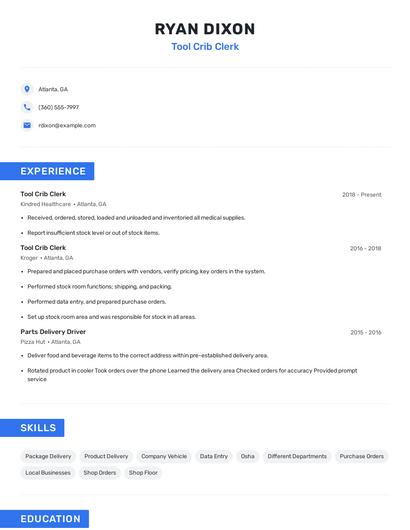 Tool Crib Clerk Resume
