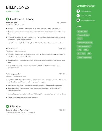 Tool Crib Clerk Resume
