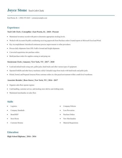 Tool Crib Clerk Resume
