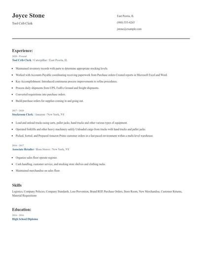 Tool Crib Clerk Resume