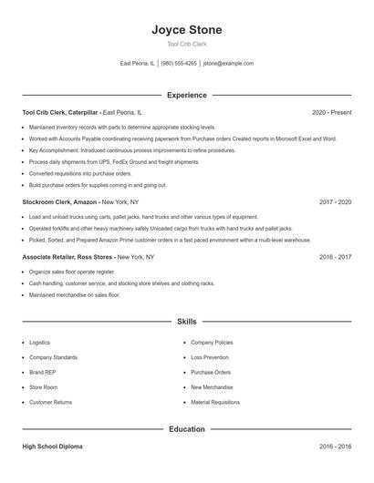 Tool Crib Clerk Resume