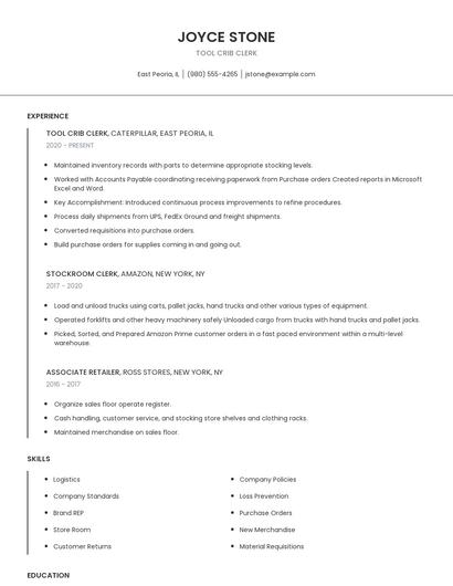 Tool Crib Clerk Resume