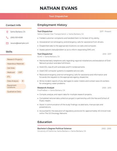 Tool Dispatcher Resume