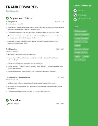 Tool Dispatcher Resume