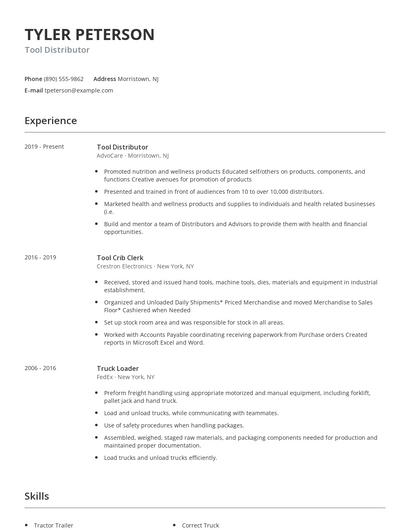 Tool Distributor Resume