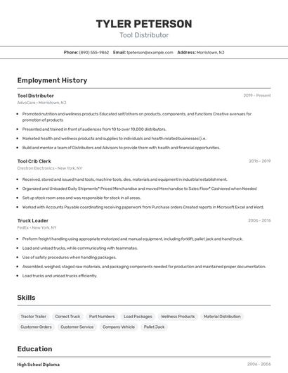 Tool Distributor Resume