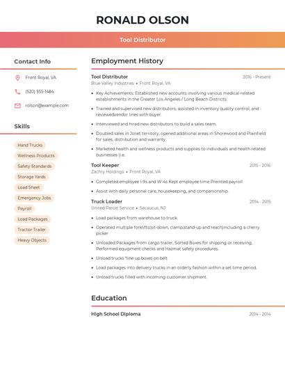 Tool Distributor Resume