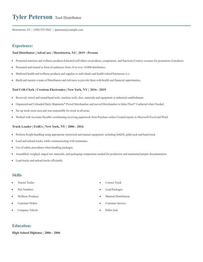 Tool Distributor Resume
