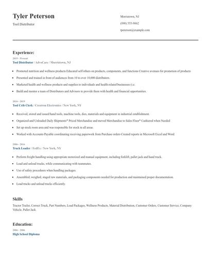 Tool Distributor Resume