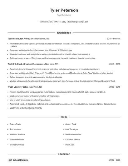 Tool Distributor Resume