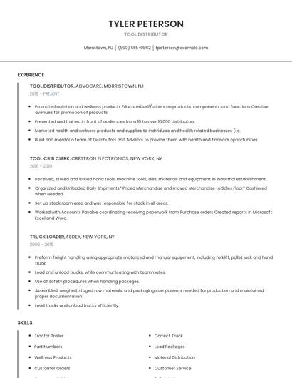Tool Distributor Resume
