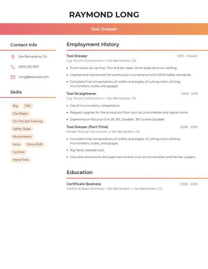 Tool Dresser Resume