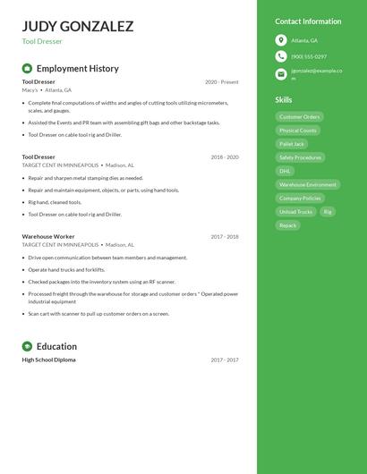 Tool Dresser Resume