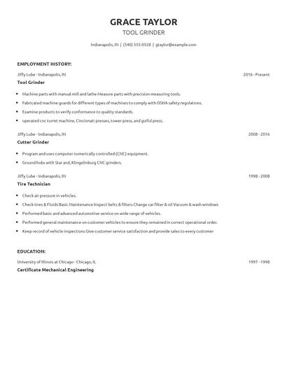 Tool Grinder Resume