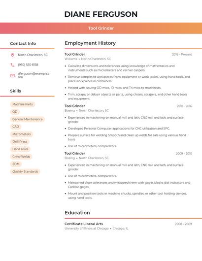 Tool Grinder Resume