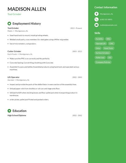 Tool Grinder Resume