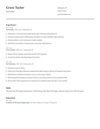 Tool Grinder Resume