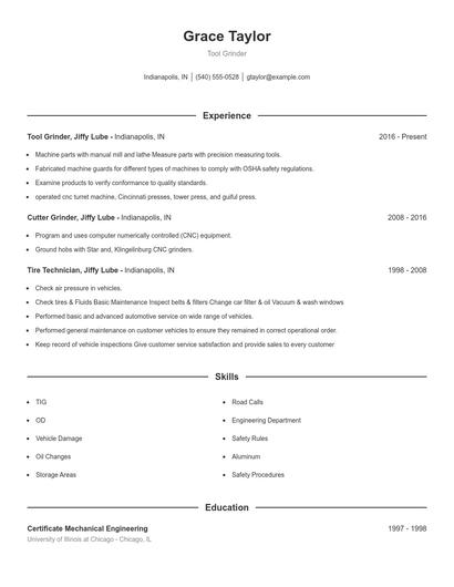 Tool Grinder Resume