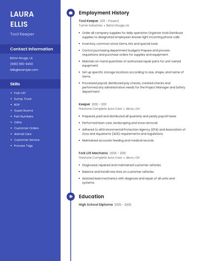 Tool Keeper Resume