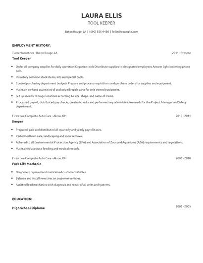 Tool Keeper Resume