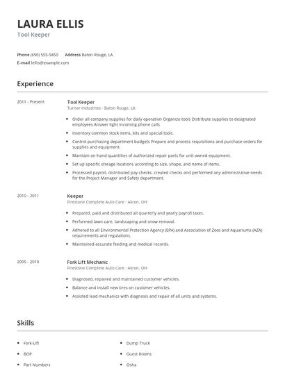 Tool Keeper Resume