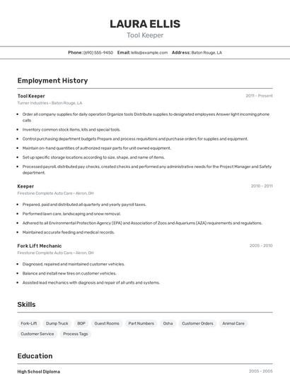 Tool Keeper Resume