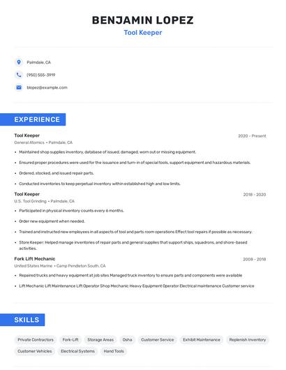 Tool Keeper Resume