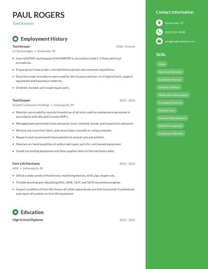 Tool Keeper Resume