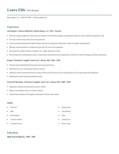 Tool Keeper Resume