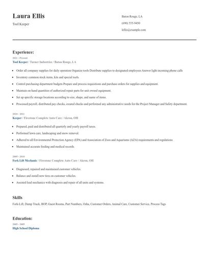 Tool Keeper Resume