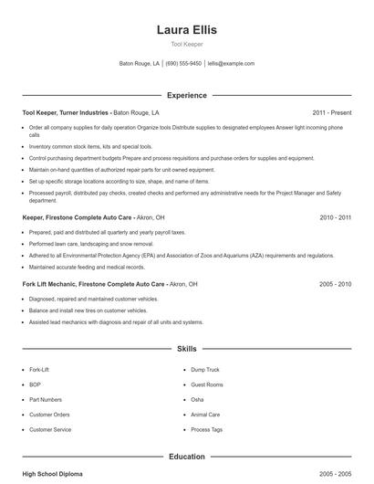 Tool Keeper Resume