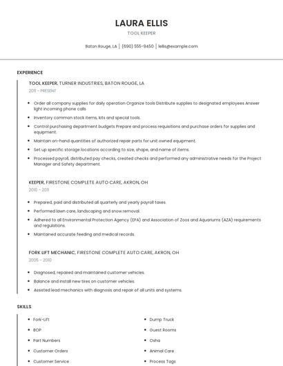 Tool Keeper Resume