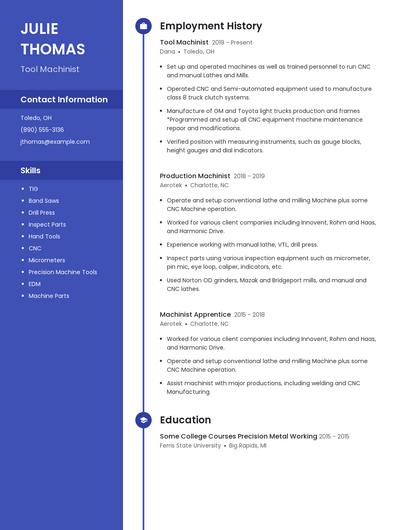 Tool Machinist Resume