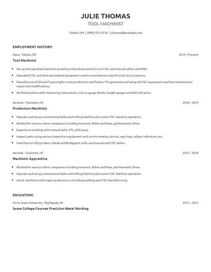Tool Machinist Resume