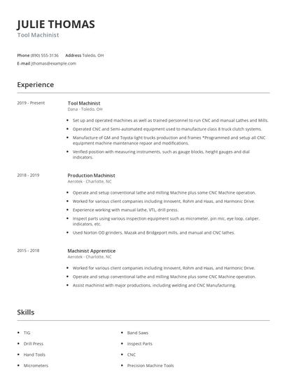 Tool Machinist Resume