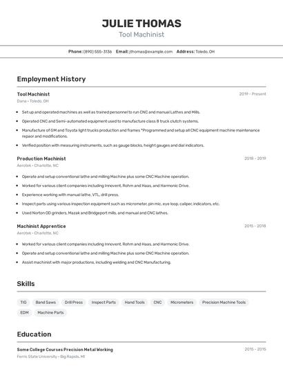 Tool Machinist Resume