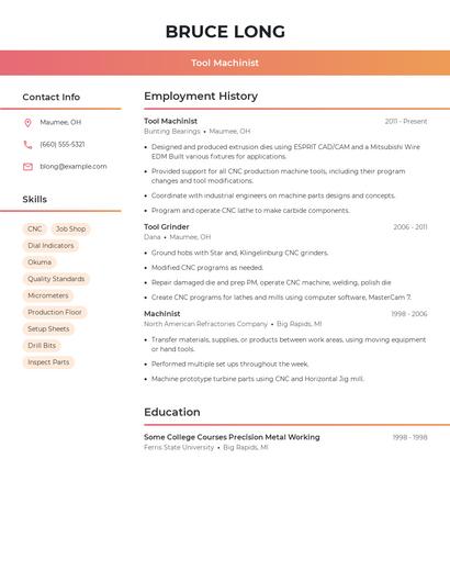 Tool Machinist Resume