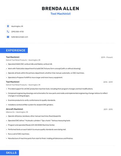 Tool Machinist Resume