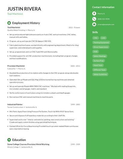 Tool Machinist Resume