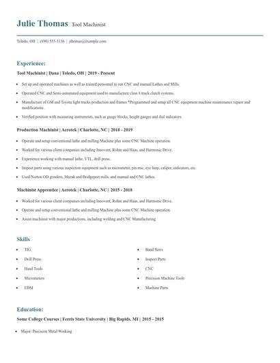 Tool Machinist Resume