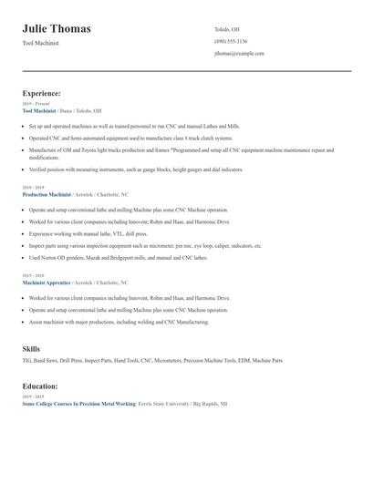 Tool Machinist Resume