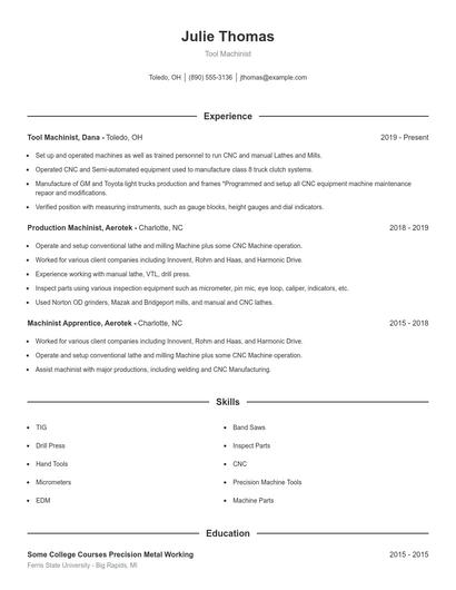 Tool Machinist Resume