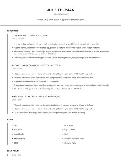 Tool Machinist Resume