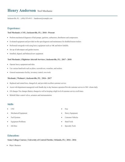 Tool Mechanic Resume