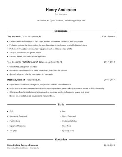 Tool Mechanic Resume