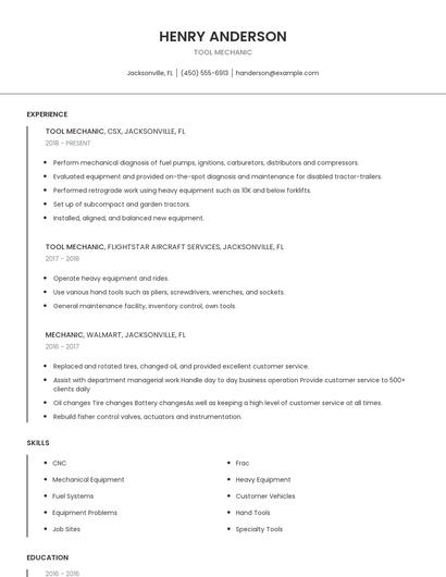 Tool Mechanic Resume