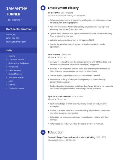 Tool Planner Resume