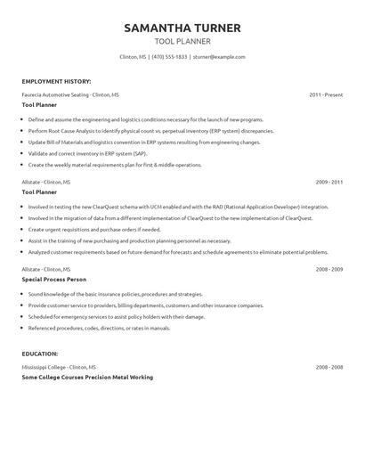 Tool Planner Resume