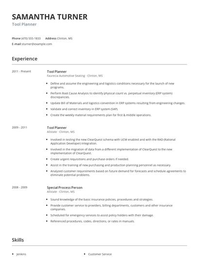 Tool Planner Resume