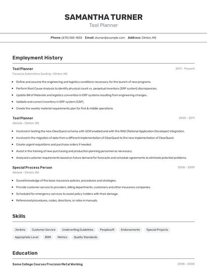 Tool Planner Resume
